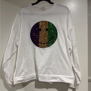 White Mardi Gras Sweatshirt with Sequin Smiley Face